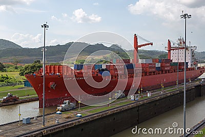 Red Cap Stewart container ship entering in the basin of Miraflor