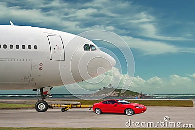 Red car is towing airplane. Leader. Concept.