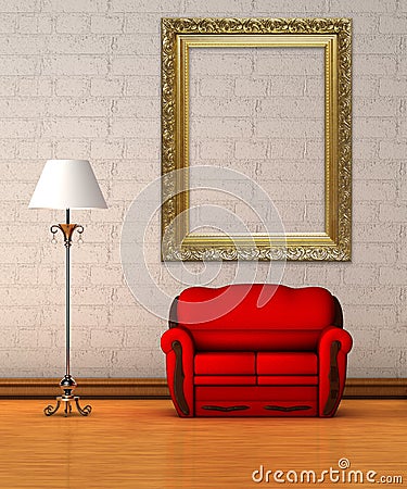 Red couch with standard lamp and ornate frame