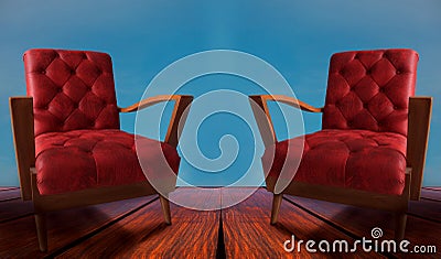 Red couples arm chairs on wood and blue background