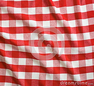 Red crumpled linen gingham picnic tablecloth