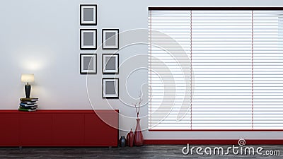 Red empty interior with blinds