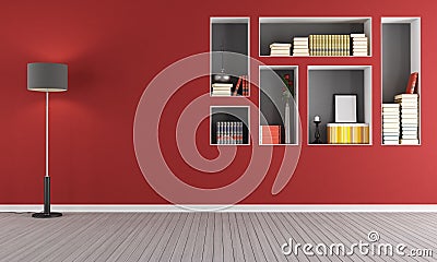Red empty living room with bookcase