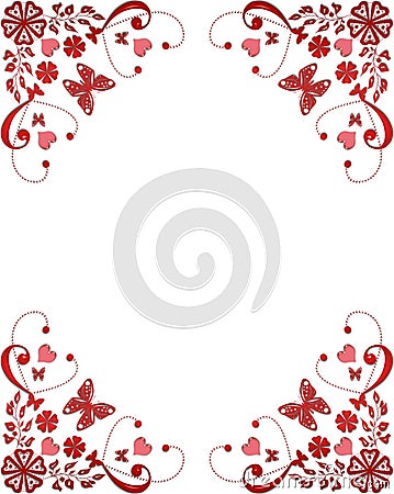 Red frame floral border with butterflies and hearts