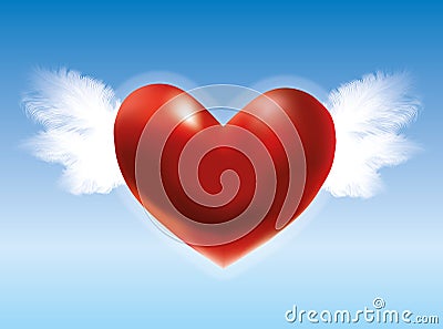 Red heart with wings in the blue sky