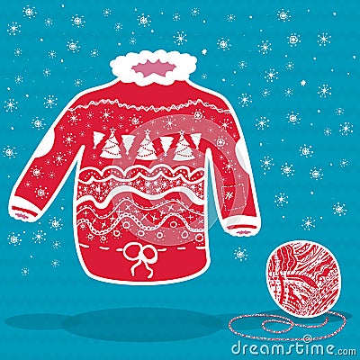 Red knitted christmas sweater and a ball of yarn