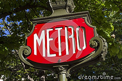 Red Paris Metro subway sign closeup