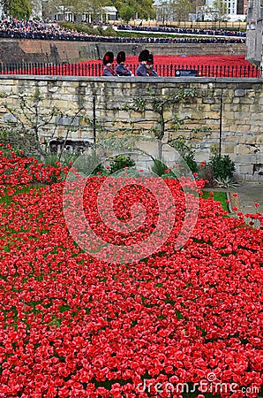 Red poppies art installation at the Tower of London, UK
