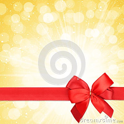 Red ribbon with bow over christmas snow background