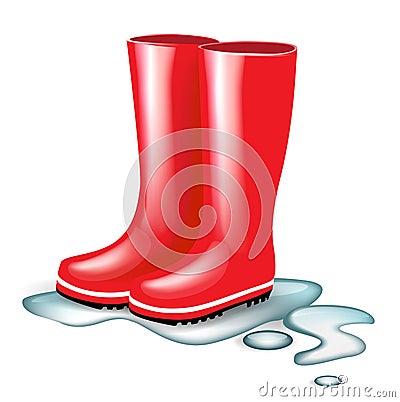 Red rubber boots in splash of water
