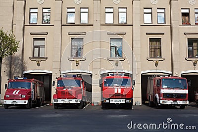 Red Russian firefighting vehicles garage