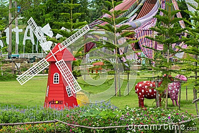 Red Sheeps and Mill. Pattaya Sheep Farm.