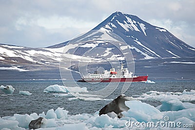 Red ship in the Arctic fjord