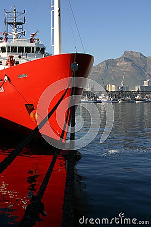 Red ship in Table bay