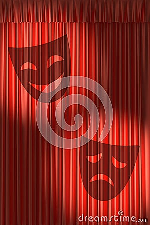 Red theater curtain with shadow of masks