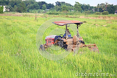 Red tractor in green field