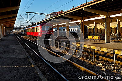 Red train waiting for departure