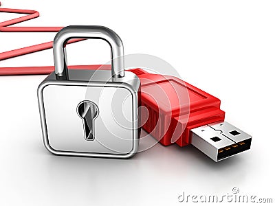 Red usb cable with padlock. data security concept