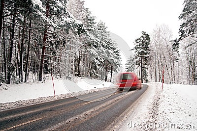 Red van on winter road