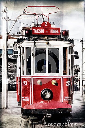 Red vintage tram in Istanbul with filter applied