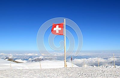 Red-white Swiss flag marks the Jungfraujoch
