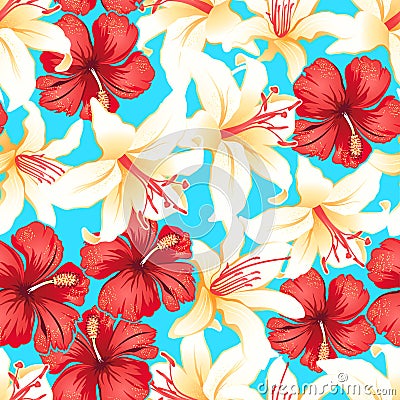 Red, white and yellow tropical hibiscus flowers seamless pattern