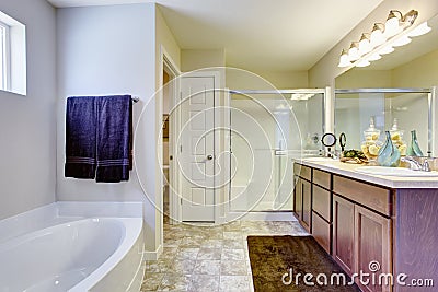 Refreshing white bathroom with glass door and bath tub