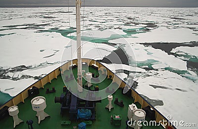 Research vessel in icy arctic sea on