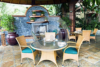 Restaurant on a open verandah in a modern luxury hotel