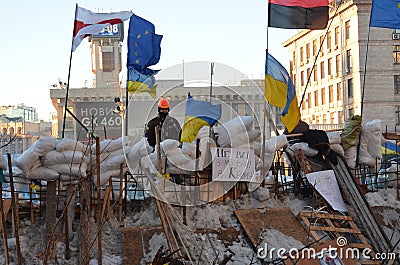 Restored barricade of Euromaidan in the Ukrainian capital