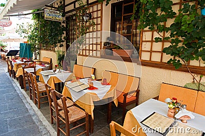 RETHYMNO,CRETE-JULY 23: Interior of a local restaurant on July 23,2014 in Rethymno city on the island of Crete, Greece.