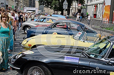 Retro cars in a row on display outdoors in Lvov