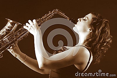 Retro female saxophonist (retro sepia style)