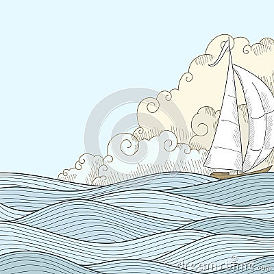  hand draw styled sea with clouds and sailor boat. Vector illustration