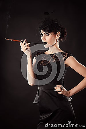 Retro woman with a mouthpiece in a hand