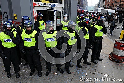 Riot Police Guard a Bank at Riot in London