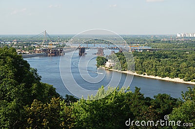 River with bridges, islands in the middle of Kyiv