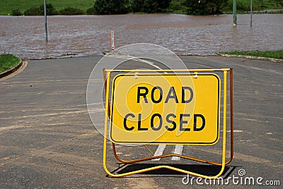 Road Closed sign over flooded road