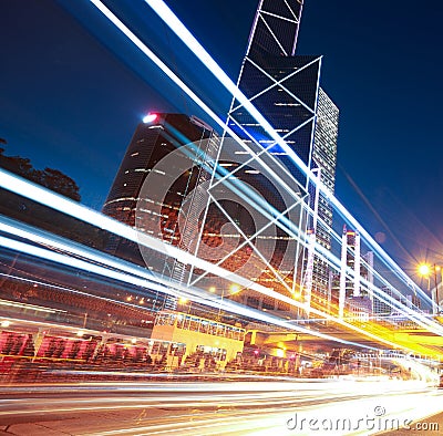 Road light trails on streetscape buildings in HongKong