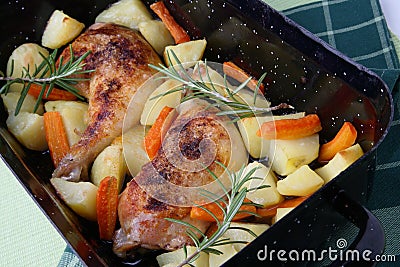 Roast chicken legs with potatoes and vegetable