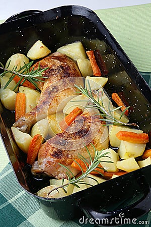 Roast chicken legs with potatoes and vegetable