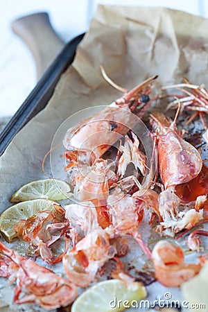 Roasted shrimp shells in a roasting tin