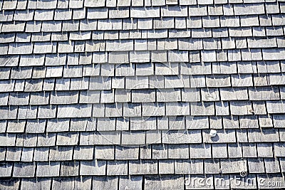 Rock sits on a wood shingled roof