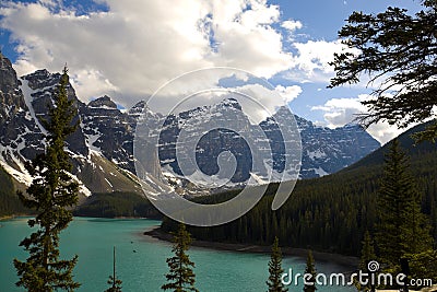 Rocky mountain peaks and moraine lake