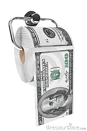  Image: Roll of 100 dollars bills as a toilet paper on chrome holder