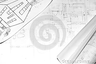 Rolled architecture plans on a drawing od house