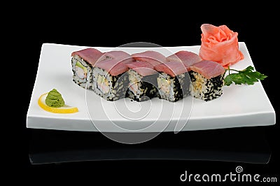 Rolls with tuna and black flying fish caviar