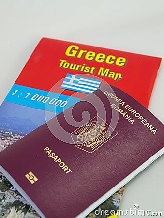 Romanian passport on Greece tourist map