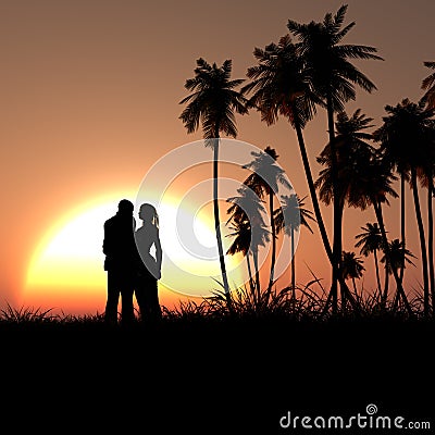 Romantic Couple Silhouette In Tropic Sunset