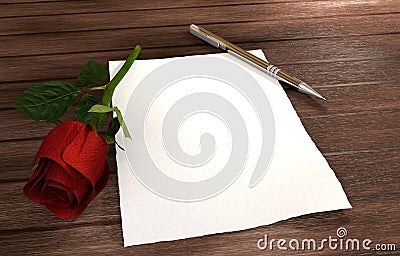 Romantic letter with rose, red hearts on wooden table